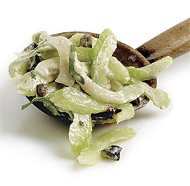 Celery, fennel, and black olive salad with Parmigiano dressing