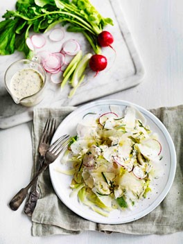 Celery, kohlrabi and radish salad with basil cream