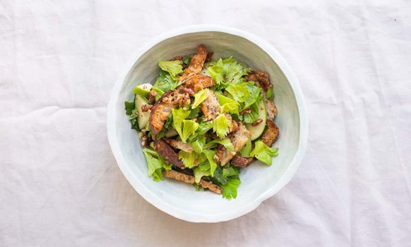 Celery leaf salad with walnut dressing