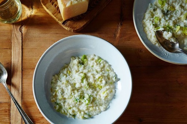 Celery risotto with Asian pear and shiso