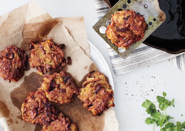 Celery root and mushroom latkes with onion applesauce