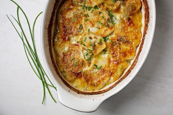 Celery root, chive + cheddar gratin