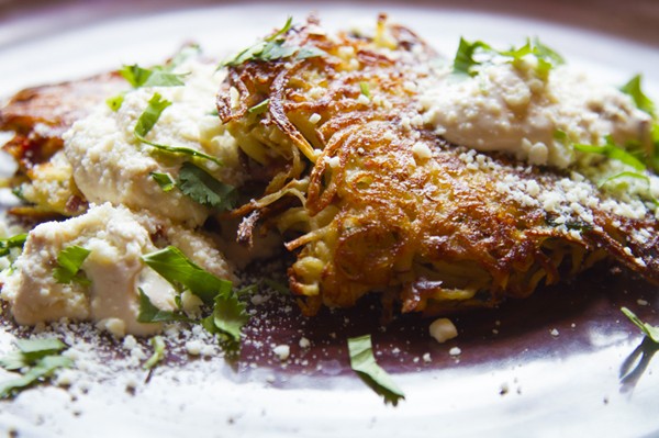 Celery root pancakes with chipotle crema and cilantro (Tortitas de apionabo con crema enchipotlada y cilantro)