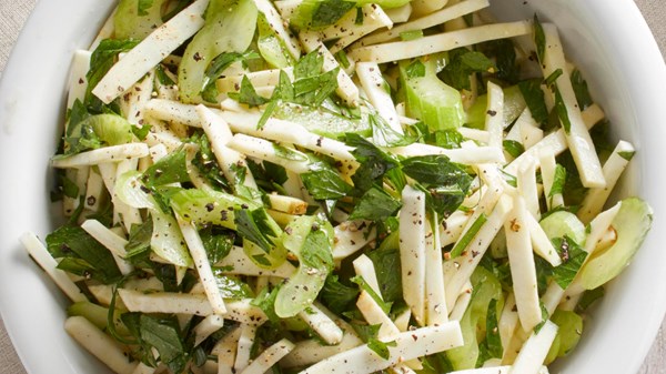 Celery root salad with celery, flat-leaf parsley, and capers