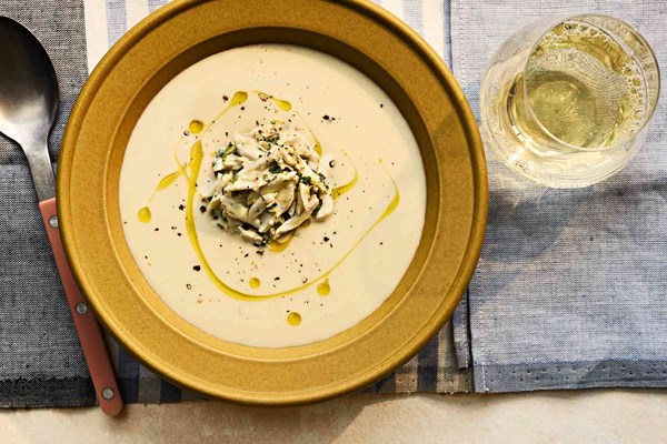 Celery root soup with lemony crab