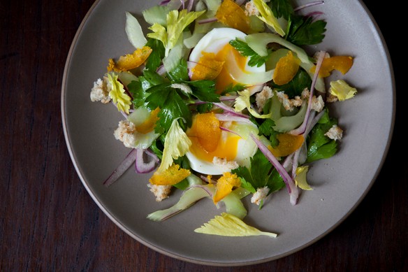 Celery salad with soft boiled egg and shaved bottarga