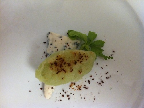 Celery sorbet with bleu cheese and Sriracha powder