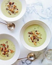 Celery soup with bacon croutons