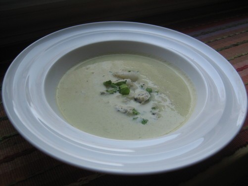 Celery soup with celery leaf, Asian pear and blue cheese relish