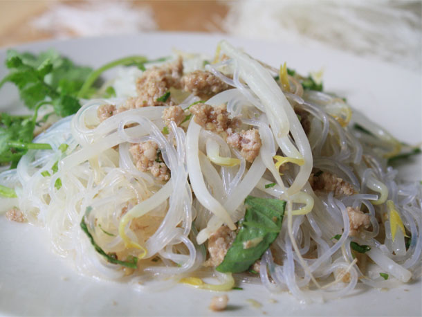 Cellophane noodles with pork and Thai basil