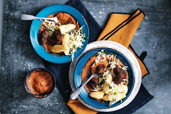 Cevapi with ajvar, kipfler potatoes and cabbage