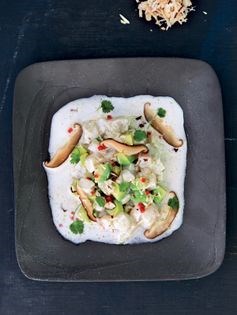 Ceviche of sea bass with Brazil nut milk, truffle dashi & shiitake mushrooms