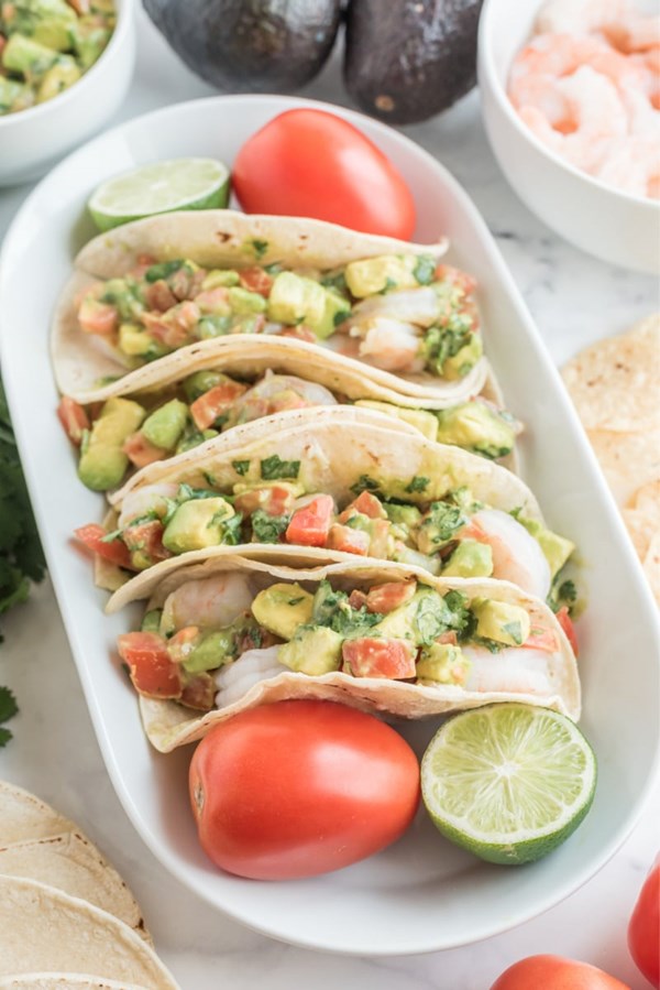 Ceviche-style shrimp and avocado tacos