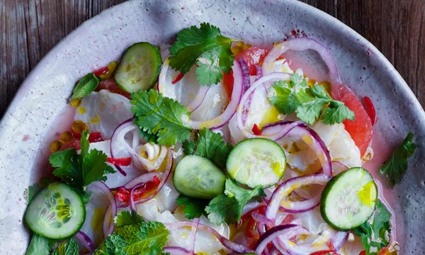 Ceviche with pickled cucumber and grapefruit