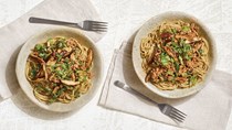Cha soba noodles with ginger, mushrooms, and pork
