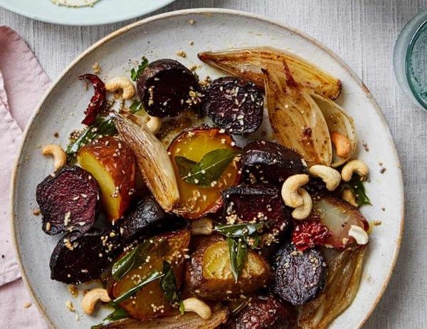 Chaat masala roast beetroots and shallots