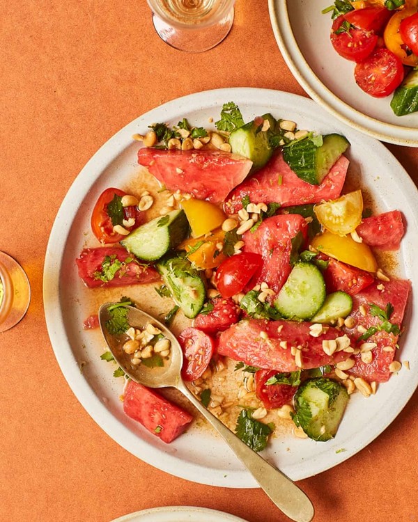 Chaat masala-spiced watermelon, tomato & cucumber salad