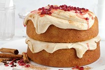 Chai cake with ginger cream-cheese icing and pomegranate syrup