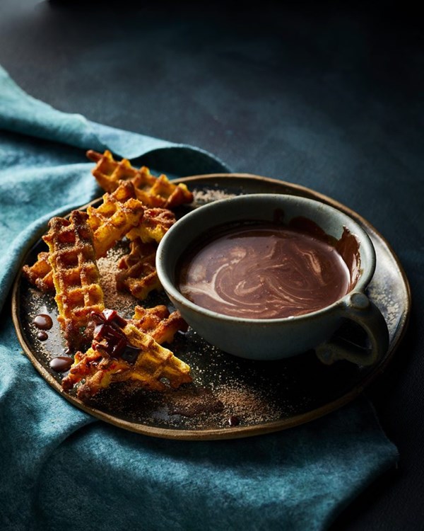 ‘Chai’ hot chocolate with spiced waffle dippers