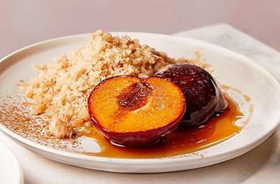 Chai milk granita with spiced plums
