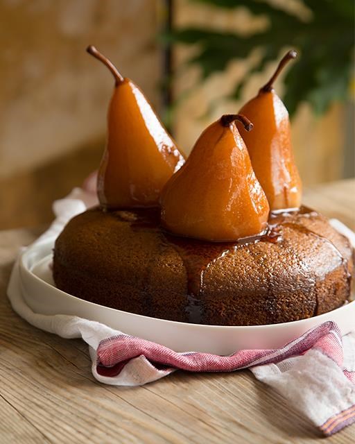 Chai olive oil cake with poached pears