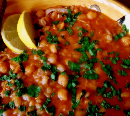 Chai-spiced chicken, barley, and chickpea stew