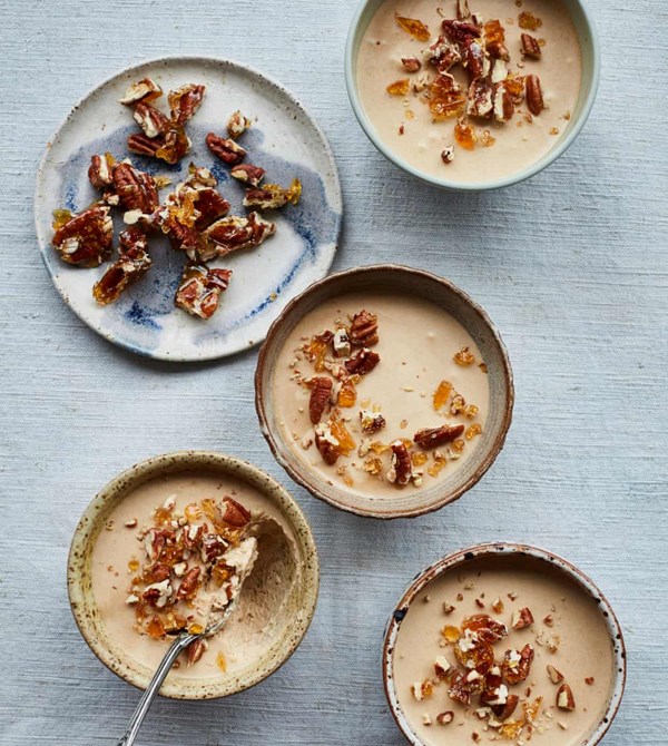 Chai-spiced mousse with caramel pecans