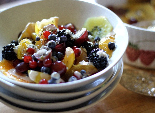 Chakra fruit salad with enlightened tahini sauce