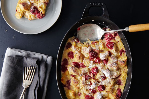 Challah bread pudding with raspberries