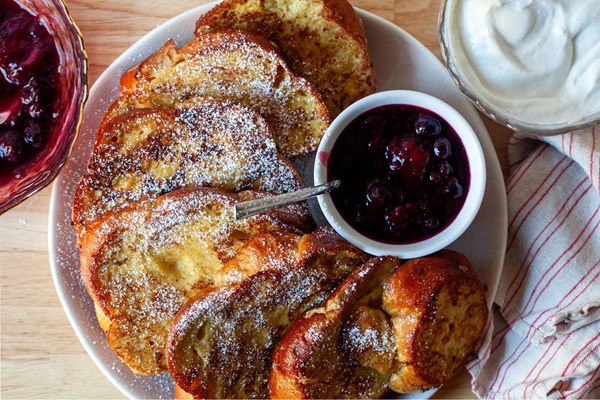 Challah French toast with berry sauce and whipped cottage cheese