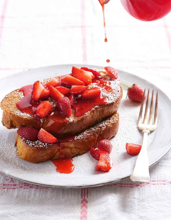 Challah French toast with strawberry syrup