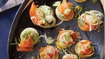 Challah toasts with dill cheese, shaved fennel, and smoked salmon
