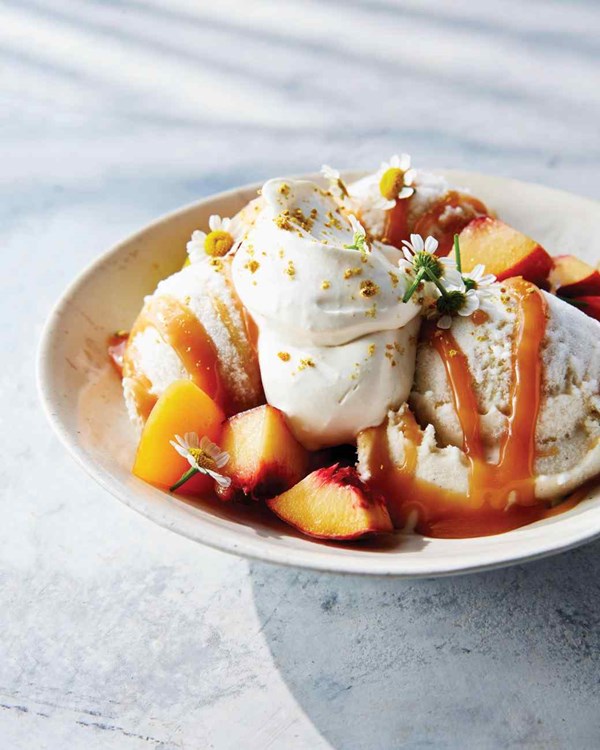 Chamomile-caramel sundaes with stone fruits