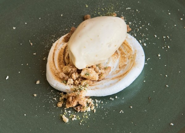 Chamomile ice cream, lemon meringue and almond crumble