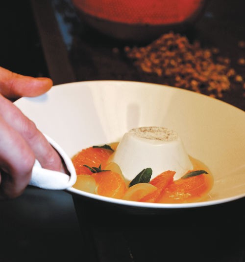 Chamomile panna cotta and citrus soup