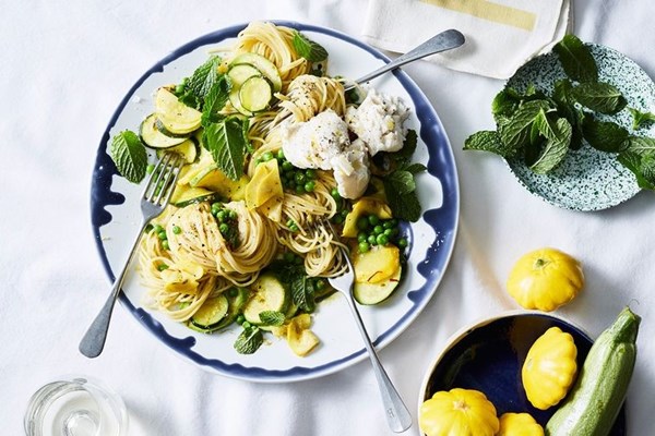 Chamomile, saffron and squash spaghettini