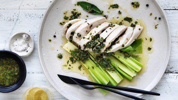 Champagne-poached chicken and leeks with herb butter