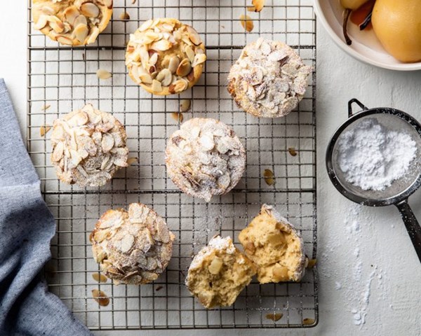 Champagne-poached pear muffins