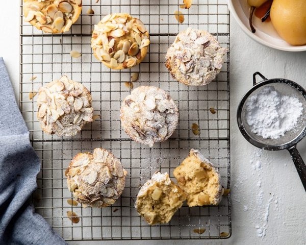 Champagne-poached pear muffins