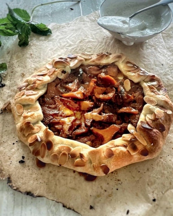 Chanterelle-apricot galette with Armagnac and vanilla crème fraîche