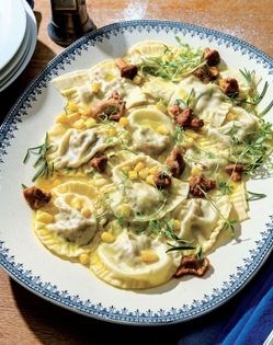 Chanterelle ravioli in saffron corn broth [Mary Smiley]