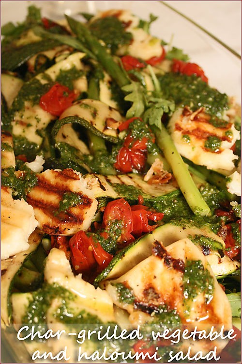 Char-grilled asparagus, courgette and haloumi salad 