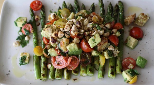 Char-grilled asparagus with tomato, avocado & hazelnut salad [The Monday Morning Cooking Club]