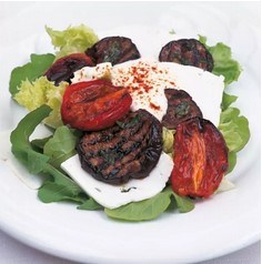 Char-grilled aubergine and roasted-tomato salad with feta cheese