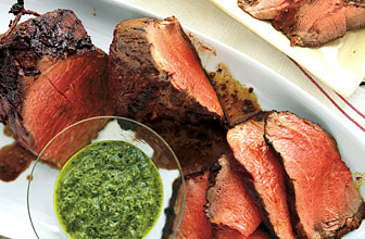 Char-grilled beef tenderloin with three-herb chimichurri