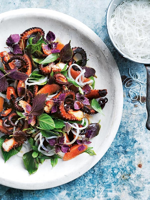 Char-grilled chilli octopus noodle salad