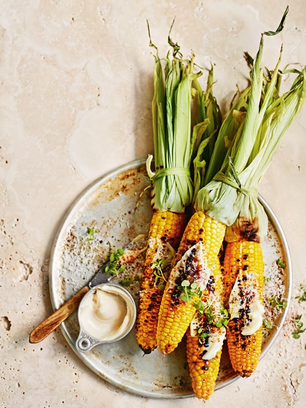 Char-grilled corn with mayonnaise, pecorino, cayenne and mint