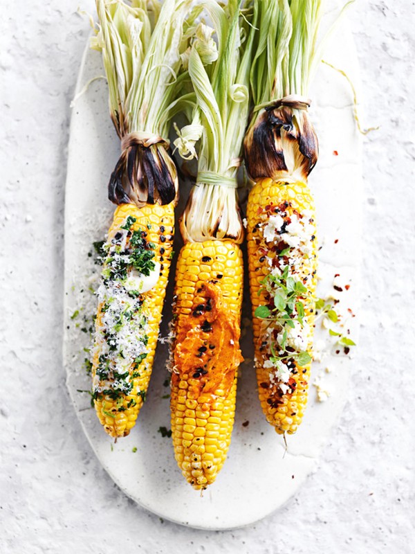 Char-grilled corn with trio of toppings