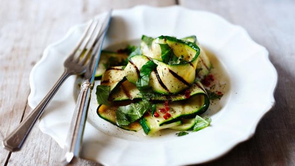 Char-grilled courgette wedges with basil, mint, chilli and lemon
