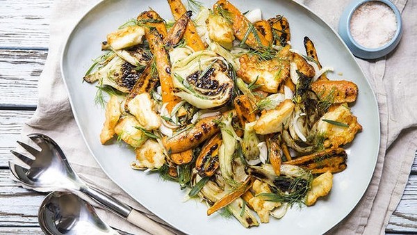 Char-grilled fennel and carrot salad with champagne vinegar, tarragon and fried haloumi